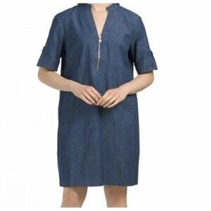 Anne Klein Shift Stretch Denim Blue 1/4 Zip Short Sleeve  Knee Length Dress 1XL